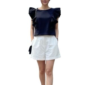 #A040  FT INC Black Puff Sleeve Ruffle Top, Beaded Trim, NWT, Size L